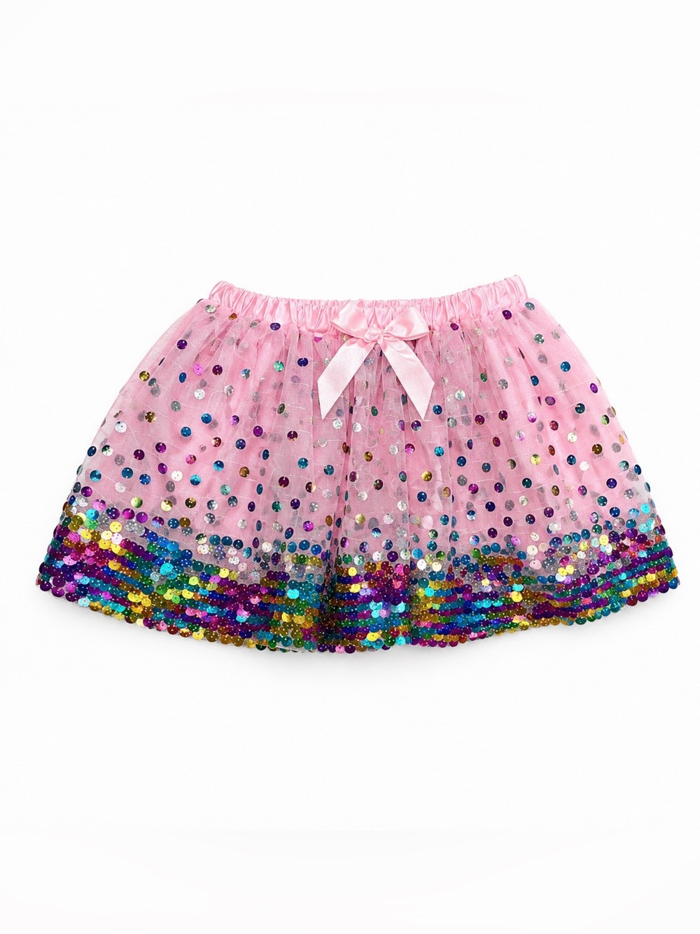 Girls' Pink Sequin Tulle Skirt with Rainbow Hem